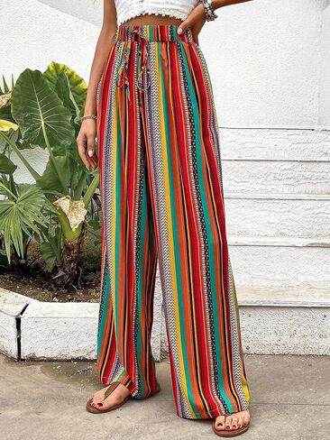 Verdusa Women's Elastic High Waist Boho Stripe Print Loose Wide Leg Pants in Kuwait
