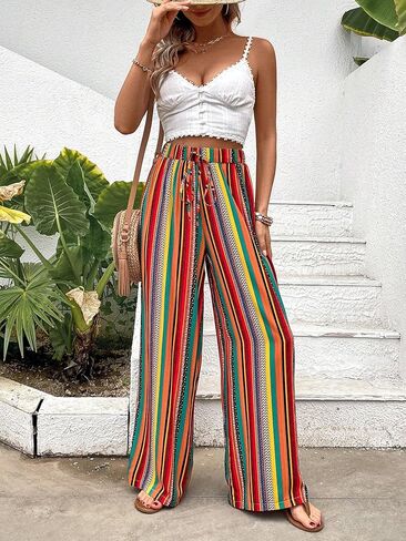 Verdusa Women's Elastic High Waist Boho Stripe Print Loose Wide Leg Pants in Kuwait
