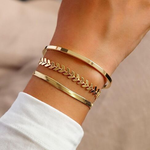 3 Pieces 14K Gold Bracelet Set, Flat Snake Bone Herringbone Smooth Surface Bangle Bracelets, Stackable Statement Jewelry Gifts for Women Teen Girls in Saudi Arabia