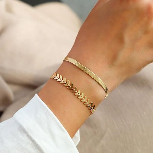 3 Pieces 14K Gold Bracelet Set, Flat Snake Bone Herringbone Smooth Surface Bangle Bracelets, Stackable Statement Jewelry Gifts for Women Teen Girls in Saudi Arabia