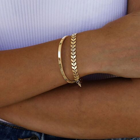 3 Pieces 14K Gold Bracelet Set, Flat Snake Bone Herringbone Smooth Surface Bangle Bracelets, Stackable Statement Jewelry Gifts for Women Teen Girls in Saudi Arabia