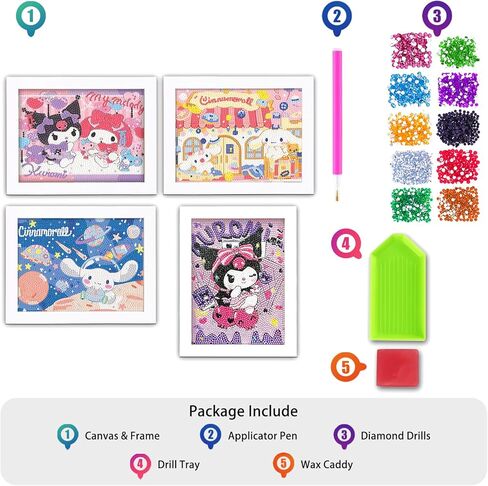 Uoyhihs 4Psc Kawaii الماس مجموعات الفن للفتيات مع الإطار، مجموعات الرسم الماس الكرتون للفتيات، هدايا لطيف للنساء الفتيات in Kuwait