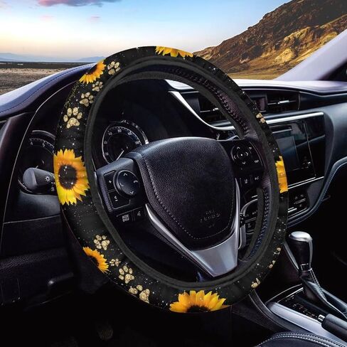 American Flag Printed Car Steering Wheel Cover 2 Pack Soft Vehicle Seatbelt Pads, Sunflower Printed 3 Piece Car Wteering and Seat Belt Covers Set, Universal Fit for Car SUV Sedan Van in Saudi Arabia