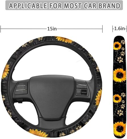 American Flag Printed Car Steering Wheel Cover 2 Pack Soft Vehicle Seatbelt Pads, Sunflower Printed 3 Piece Car Wteering and Seat Belt Covers Set, Universal Fit for Car SUV Sedan Van in Saudi Arabia