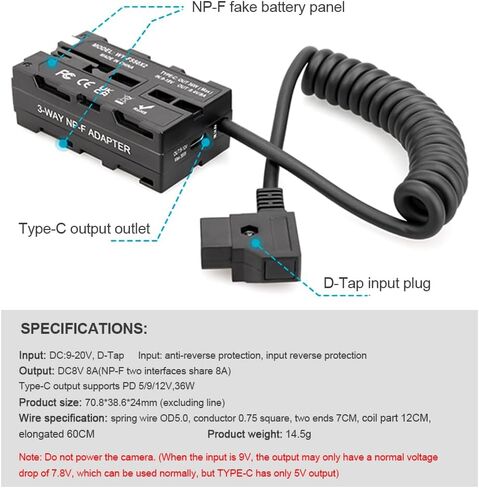 Andoer D-Tap إلى ثنائي الجوانب NP-F550 كابل ملفوف لبطارية الدمية DC ملحق للشاشات/مصباح فيديو LED/ميكروفون/مستقبل إرسال لاسلكي in Kuwait
