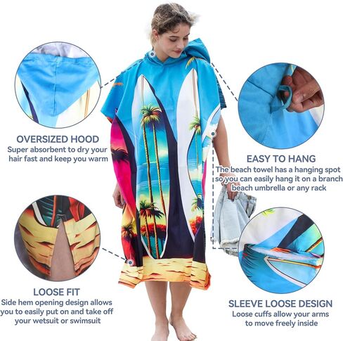 Catalonia Surf Poncho Changing Towel Robe - Quick-Dry Microfiber Hooded Beach Cover Up, Summer Absorbent Wetsuit Change Robe for Men and Women, Ideal for Surfing, Swimming, Pool, Camping, and Water in Kuwait