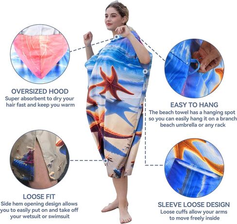 Catalonia Surf Poncho Changing Towel Robe - Quick-Dry Microfiber Hooded Beach Cover Up, Summer Absorbent Wetsuit Change Robe for Men and Women, Ideal for Surfing, Swimming, Pool, Camping, and Water in Kuwait