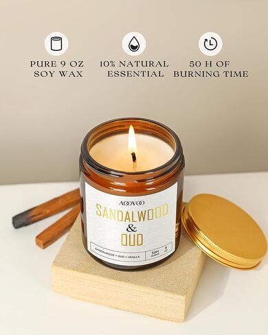 AOOVOO Sandalwood Oud Candle - Sandalwood Candle, Scented Candles, Soy Candles, Aromatherapy Candle, Soy Wax Candle, Candle for Home Scented, 9oz in Kuwait