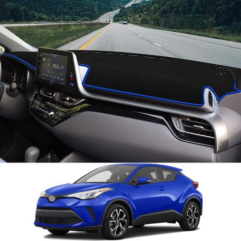 غطاء لوحة عدادات السيارة، مناسب لسيارة Toyota CHR 2017-2022 غطاء ظل الشمس القوي مناسب حسب الطلب ومضاد للانزلاق لوحدة التحكم المركزية، فلانيل (أسود مع حافة زرقاء) in Kuwait