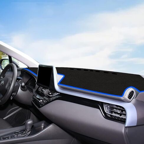 غطاء لوحة عدادات السيارة، مناسب لسيارة Toyota CHR 2017-2022 غطاء ظل الشمس القوي مناسب حسب الطلب ومضاد للانزلاق لوحدة التحكم المركزية، فلانيل (أسود مع حافة زرقاء) in Kuwait