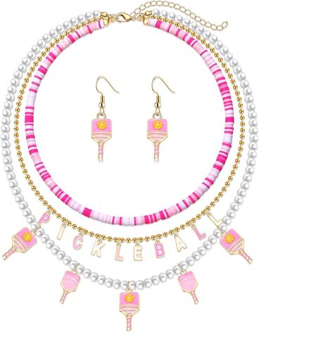 Pickleball Necklace Layered Pearl Heishi Beaded Pickleball Paddle Choker Necklace Earrings Game Sport Fans Pickleball Gifts for Women Teens Girls in Kuwait