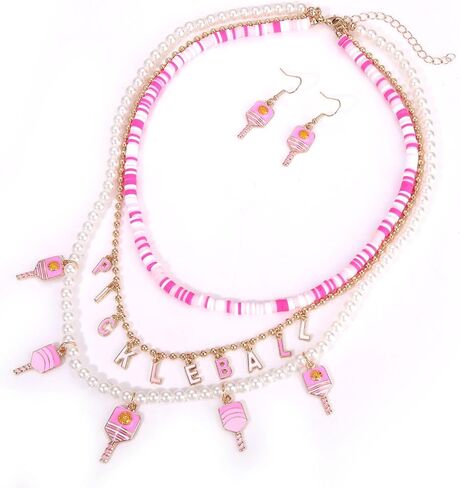 Pickleball Necklace Layered Pearl Heishi Beaded Pickleball Paddle Choker Necklace Earrings Game Sport Fans Pickleball Gifts for Women Teens Girls in Kuwait