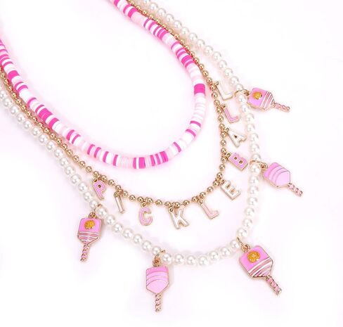 Pickleball Necklace Layered Pearl Heishi Beaded Pickleball Paddle Choker Necklace Earrings Game Sport Fans Pickleball Gifts for Women Teens Girls in Kuwait