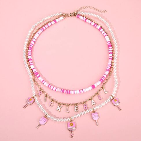 Pickleball Necklace Layered Pearl Heishi Beaded Pickleball Paddle Choker Necklace Earrings Game Sport Fans Pickleball Gifts for Women Teens Girls in Kuwait