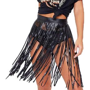 تنورة Kakaco Punk الجلدية للبطن، تنورة بشراشيب سوداء، تنورة أنيقة للحفلات للنساء والفتيات (أسود طويل) in Kuwait