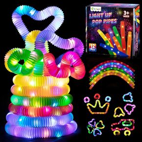 D-FantiX 12Pack LED Light Up Pop Tubes Glow Sticks, Glow Fidget Toy in The Dark Necklaces Bracelets, Birthday Party Favor for Kids, Christmas Decorations Supplies Goodie Bag Stuffers for Boys Girls