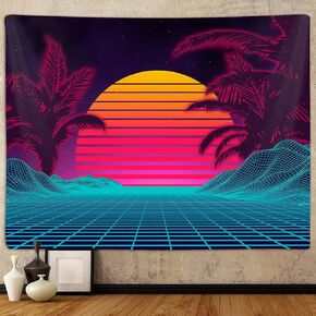 Retro Neon Vaporwave Tapestry for Men Bedroom, Cool Trippy Mountain Sun Art Tapestries Wall Hanging for College Dorm Living Room Office Decor 60X40", 70s 80s Party Arcane Future Poster Blanket