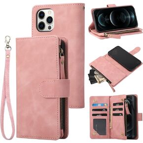 RANYOK Wallet Case Compatible with iPhone 13 Pro Max (6.7 inch), Premium PU Leather Zipper Flip Folio Wallet RFID Blocking with Wrist Strap Kickstand Protective Case (Blue)