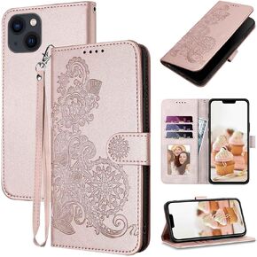 for iPhone 13 Case Wallet,Cute Floral Pattern Leather for Women Girl,Card Holder Kickstand Flip Cases,Wrist Strap,Magnetic Closure,Shockproof Protective Cover for iPhone 13 (Red)