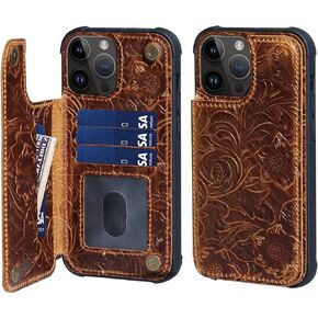 Wallet case for iPhone 15 Real Leather 6.1 case,Genuine Leather Shockproof Anti-Fall Case, Flip Cover with Card Slot, Double Magnetic Buckle,Shockproof Durable Brown