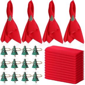 Zhehao 32 Pcs Christmas Napkins and Ring Set Include 16 Pcs Red Washable Polyester Napkins Cloth and 16 Pcs Christmas Tree Napkin Rings for Christmas Party Dinner Dinning Wedding