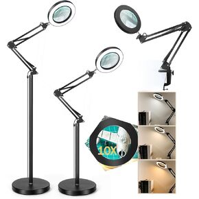 10X Magnifying Glass with Light and Stand, 3-in-1 Magnifying Floor Lamp Adjustable Swing Arm Stepless Dimmable 3 Color Modes, LED Lighted Magnifier for Close Work Reading Repair Painting Crafts