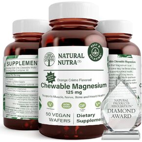 Natural Nutra Chewable Magnesium Supplement with Citrate and Chelate for Kids and Adults, Best Pure Mag Chew for Muscle, Nerve, Bone, and Heart Health, 125mg, 50 Vegan Wafers