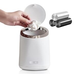 Mini Desktop Trash Can with 90 Trash Bags, Press-Type Countertop Wastebasket with Lid, Small Plastic Garbage Can for Bathroom Bedroom Living Room Dressing Table(White)
