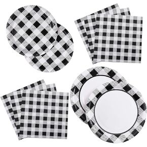 Aneco 98 Pcs Black and White Checkered Paper Plates Set Buffalo Plaid Disposable Plates and Paper Napkins Race Sports Themed Dessert Plates for 24 Guests Race Car Party Birthday Favors