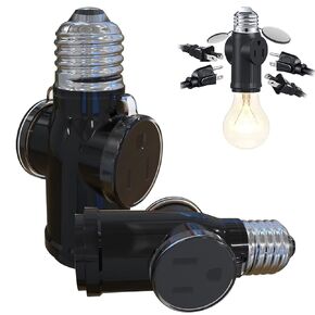 2 Pcs Luntak 3 Prong Light Socket to Plug Adapter, E26 Light Socket Outlet Outdoor, Light Bulb to 2/3 Prong Outlet Socket Splitter Converter Heat-Resistant for Porch Patio Garage Utility Rooms (Black)
