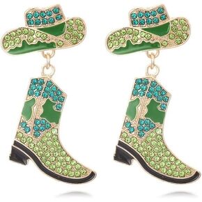 Colorful Rhinestone Western Boots Dangle Earrings Sparkly Crystal Cowboy Cowgirl Boot Rodeo Hat Earrings 70s 80s Drop Earrings for Women Girls Party Jewelry