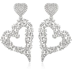 EVER FAITH Rhinestones Heart Earrings for Women Girls, Fashion Art Deco Crystal Double Love Heart Dangle Statement Earrings Larger Ear Accessories for Wedding Party Bride