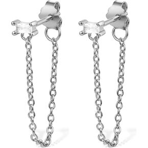 Cubic Zirconia Square Tassel Dangle Stud Earrings for Women Girls Cartilage 925 Sterling Silver Crystal Rectangle Chain Link Drop Dangling Front Back Earring Sleeper Hypoallergenic Ear Jacket Studs Fashion Jewelry Gifts Birthday
