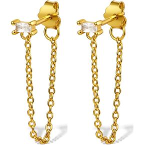 Cubic Zirconia Square Tassel Dangle Stud Earrings for Women Girls Cartilage 925 Sterling Silver Crystal Rectangle Chain Link Drop Dangling Front Back Earring Sleeper Hypoallergenic Ear Jacket Studs Fashion Jewelry Gifts Birthday
