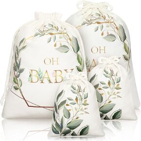 Tudomro 4 Pieces Large Baby Shower Gift Bags with Drawstring Canvas Gift Bags Greenery Print Birthday Bags Reusable Present Wrap Bags for Baby Shower Gender Reveal Party Favors, 2 Sizes