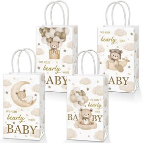 Justforjoyful 16Pcs Bear Gift Bags Bear Baby Shower Party Favor Bags Brown Bear Goodie Bags with Handle for Boys Bear Theme Treat Candy Bags for Birthday Baby Shower Party Decorations 4.7 X 3 X 8 inch