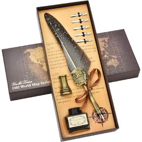 Hethrone Feather Pen Ink Set - Quill Pen and Ink Set Includes Calligraphy Pen, Pen Holder, 5 Replacement Nibs with Ink for Writing Letters, Signing, Invitations (Grey)