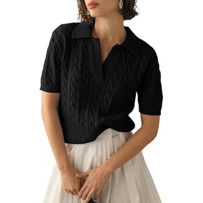 Women's Cable Short Sleeve Sweaters Summer Casual Solid Lapel V Neck Knit Pullover Tops