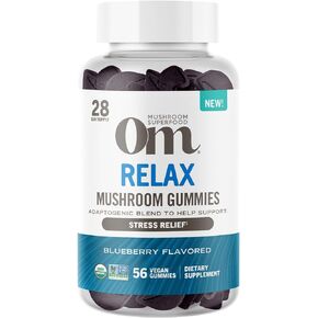 Om Mushroom Superfood - علكات الاسترخاء - دعم تخفيف التوتر مع مستخلص الريشي والأشواغاندا - مكملات علكة التوت الأزرق، 28 حصة