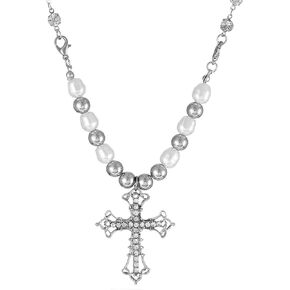 Silver Pearl Cross Necklace for Women Rhinestone Cross Necklace Cross Layered Necklace Crystal Cross Pendant Necklace for Women Jewelry Gifts
