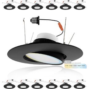 NUWATT 6 Inch 6 Pack Black Trim Retrofit Gimbal LED Recessed Downlight, High Lumen, 1200lm, 16W, Selectable 5CCT 2700K/3000K/3500K/4000K/5000K Dimmable, Adjustable Lens Eyeball Light, ETL Listed