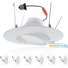 NUWATT 6 بوصة 6 عبوات من الإضاءة السفلية ذات التصميم التحديثي Gimbal LED، لومن عالي، 1200 لومن، 16 وات، قابلة للتحديد 5CCT 2700K/3000K/3500K/4000K/5000K قابلة للتعتيم، عدسة قابلة للتعديل، ضوء مقلة العين، مدرج ETL