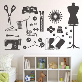 Tailor Studio Wall Sticker with Seamstress Flakes, Sewing Button and Ruler - PVC Removable Decoration for Women's Atelier - Dress Shape Mannequin, Scissors, Hanger, Needle, Thread Perfect for Tailoring and Sewing Shops. JWH152 (BLACK)