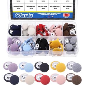 Glarks 100Pcs 10 Colors Fabric Cloth Covered Buttons Set, Metal Shank Round Buttons (15MM) for Clothing, Suits, Jacket, Blouses, Dress & DIY Craft