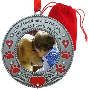 BANBERRY DESIGNS Pet Memorial Photo Ornament - Dog or Cat - Enameled & Jeweled with Red Hearts, Angel Wings & Paw Prints - Gift/Storage Bag Included
