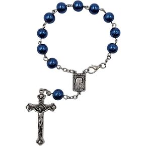 One Decade Auto Rosary for Rearview Mirror Blue Pearl Glass Beads Catholic Bracelet Our Lady of Lourdes Centerpiece Religious Gift Car Truck Travel Protection