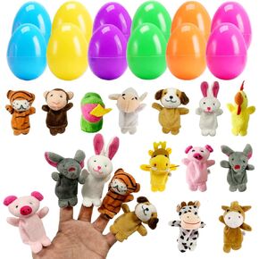 12 Pack Easter Eggs Filled with Animal Finger Puppets, Easter Basket Stuffers Surprise Easter Gifts Prefilled Mini Finger Plush Toys Hunt Party Favors for Kids
