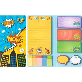 Hero Sticky Notes Set, 550 Sheets Cute Cartoon Hero Punch Self-Stick Notes Pads Memo Pads Notepads Tabs for Kids Teens Teacher School Office Supplies Birthday Small Gift
