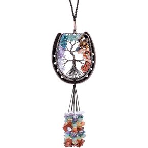rockcloud Horseshoe Tree of Life with Crystals Tassel Wall Hanging Ornament, Tumbled Chips Gemstones Window Pendant for Home Office Car Meditation Decor, Mixed Stones
