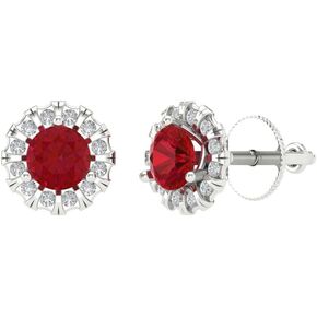 1.02 ct Round Cut Halo Solitaire Genuine Simulated Red Ruby Pair of Solitaire Stud Screw Back Earrings 14k White Gold